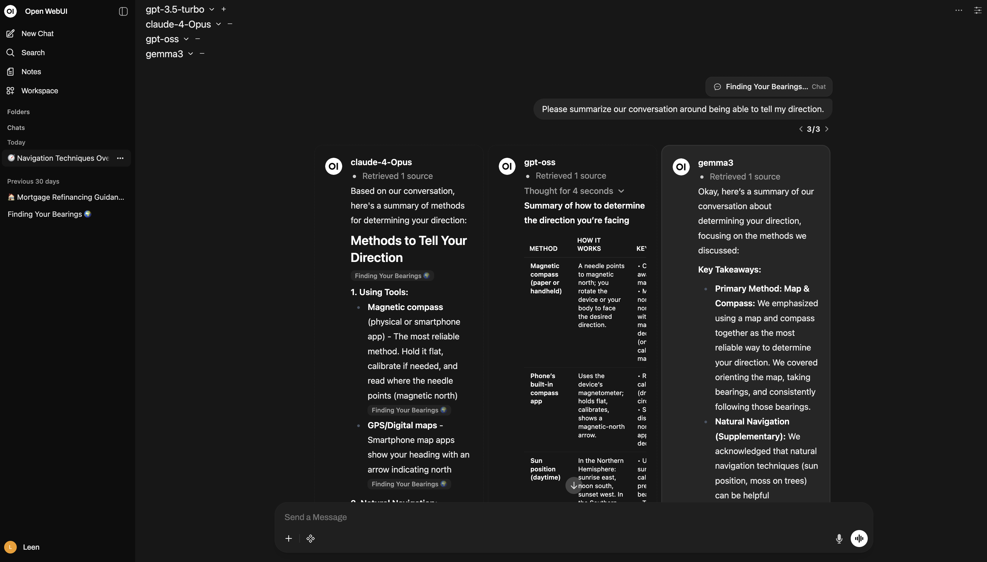 A screenshot showing Side-By-Side Comparison of three model responses