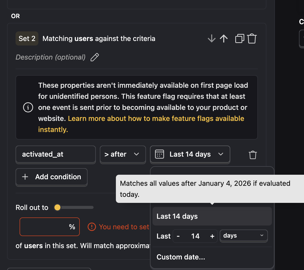 A screenshot showing how to do relative datetime targeting in Posthog